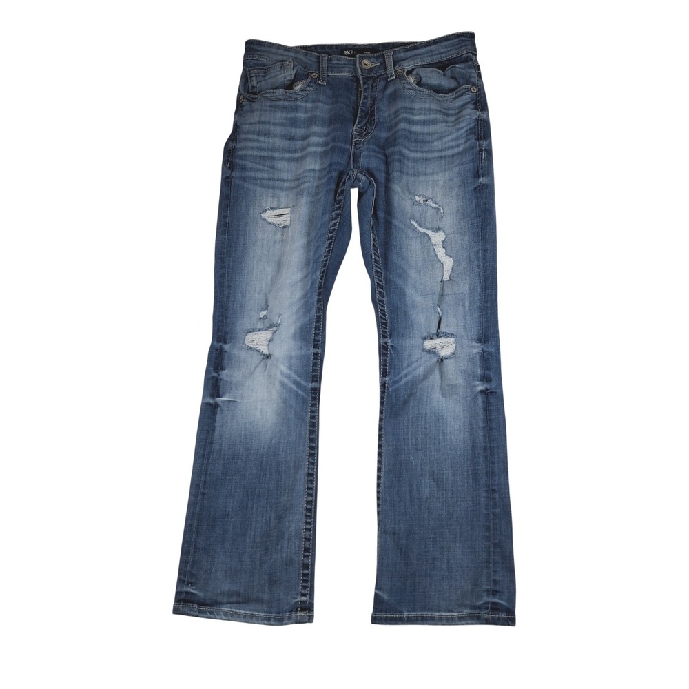 BKE Aiden Men Distressed Bootcut Jeans 33x30 Blue Medium Wash Rugged Denim